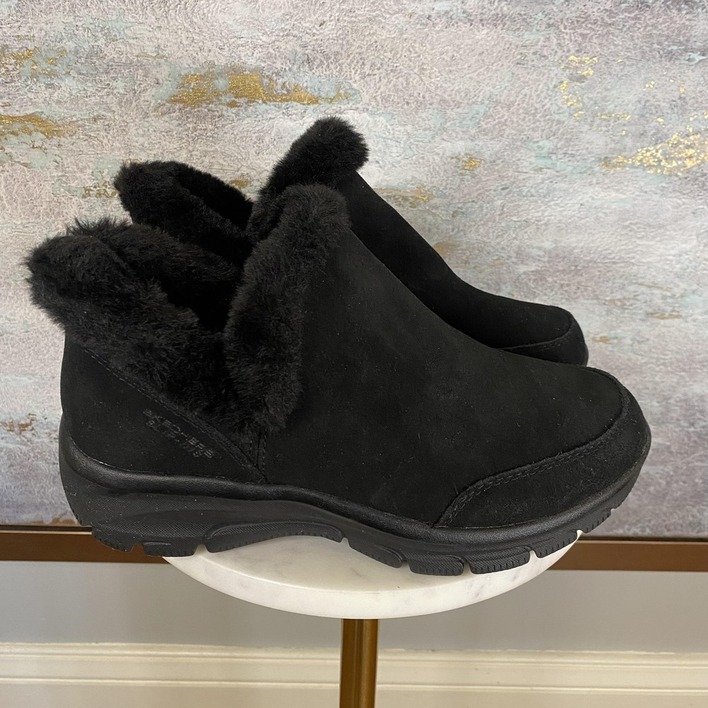 Skechers Slip-ins Shoes Womens Size 6 Black Leather Faux Fur Water Repellant - Picture 2 of 10